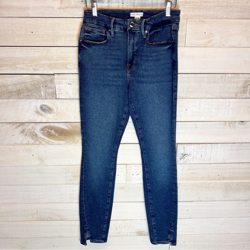 Good American Skinny Jeans High Rise Slit Hem Stretch Blue Denim Size 8/29